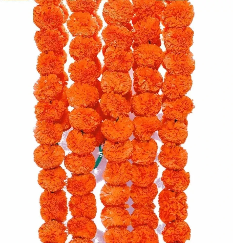 Artificial Marigold Fluffy Flowers Garlands for Decoration – Pack of 5 Orange