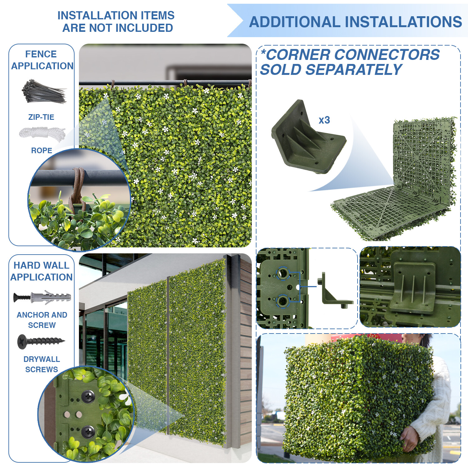 18*18″ Artificial White Flowers Wall Hedge Mat w/ Hard Back Outdoor Grass Fence