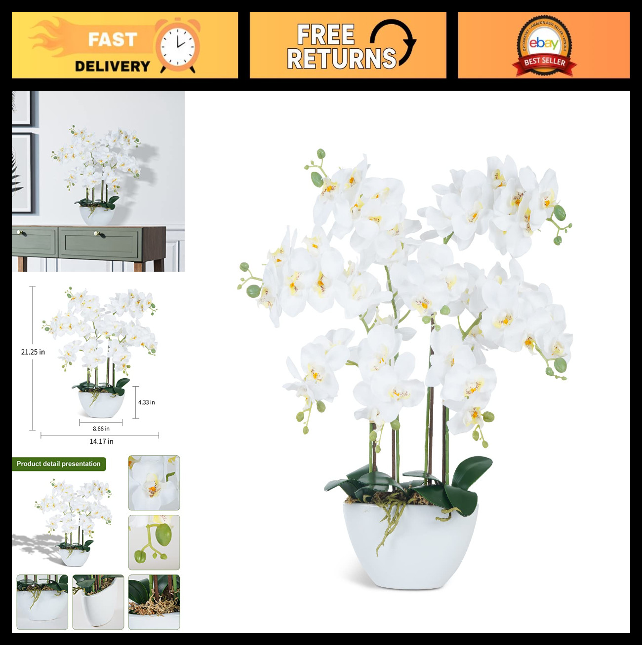 Realistic White Faux Orchid Flowers in Ceramic Pot – Table Centerpiece Decor