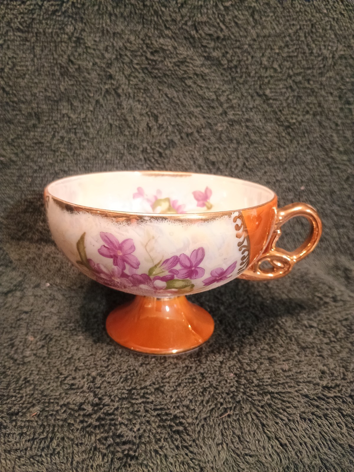 Purple Flowers With Orange And Gold Trim. Cut Out Saucer