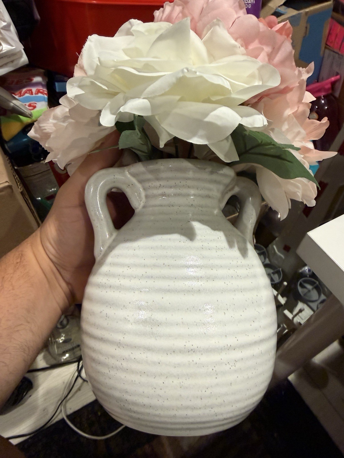 🌺 Artificial 🌹 Roses Peony Flowers Arrangement Double Handle Ceramic Vase 🆕