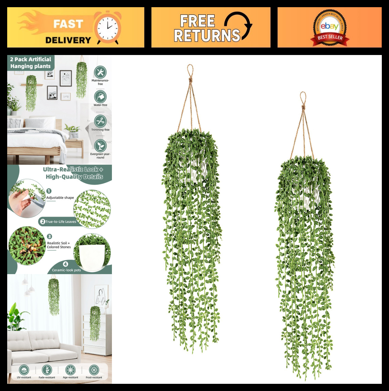 2 Pcs Artificial Hanging Plants – Realistic String of Pearls, Indoor/Outdoor Dec