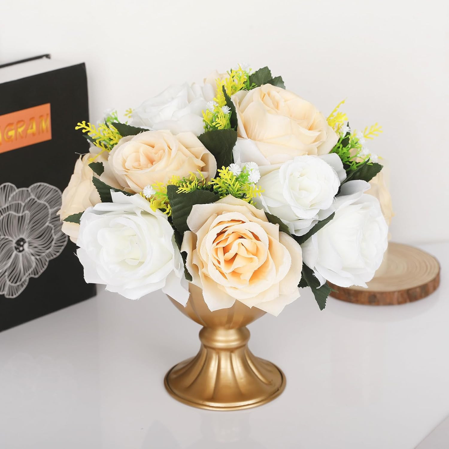 Champagne & White 10Pcs Artificial Flower Ball Bouquet for Weddings & Decor