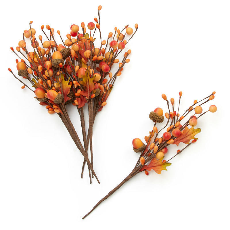 Package of 6 Faux Autumn Orange Berry, Acorn, and Oak Leaf 9-1/2″ Picks