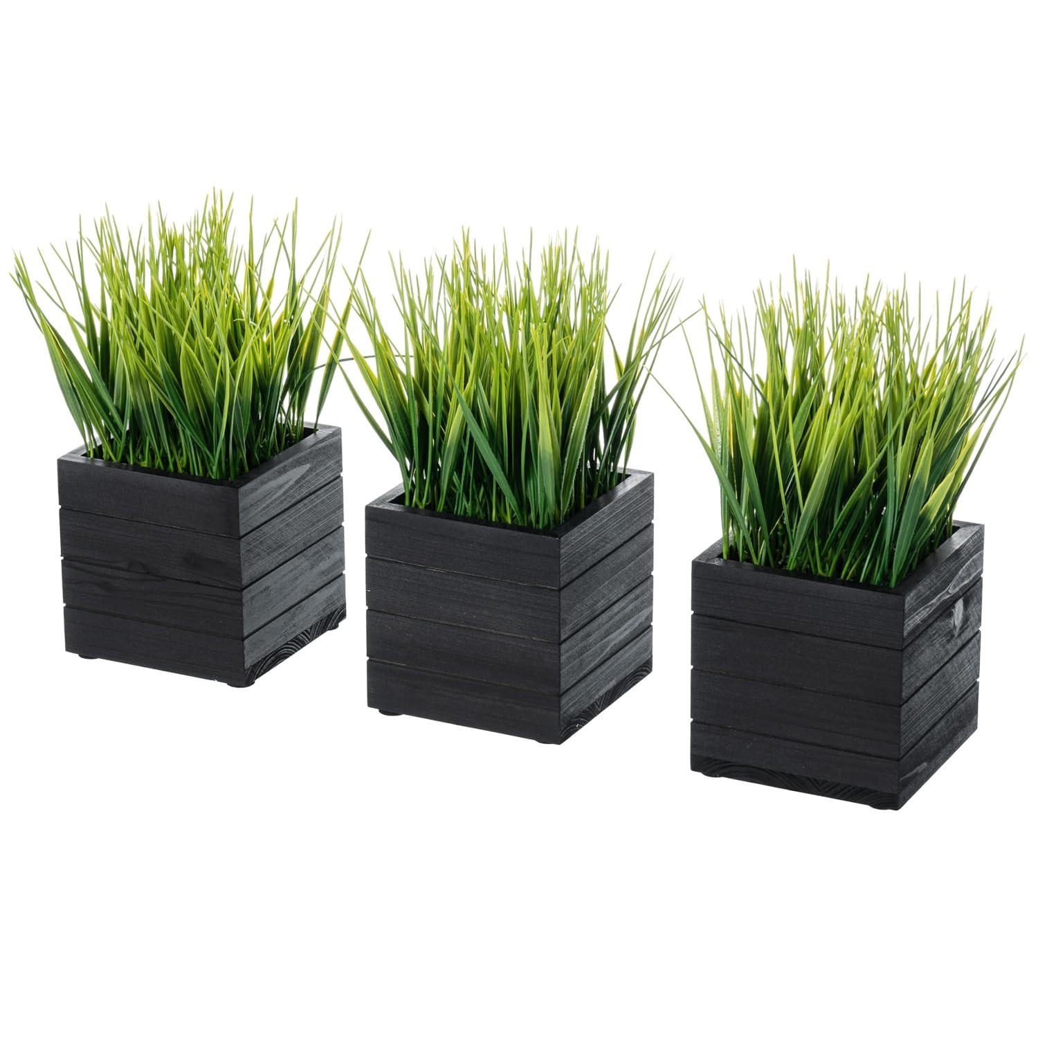 Set of 3 Faux Greenery Plants in Vintage Black Wood Planter Boxes – Decorative S