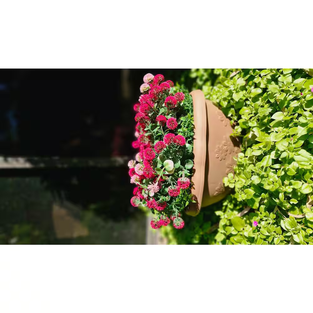 12 In. Pink and Red Indoor/Outdoor Artificial Chrysanthemum 8 In. Hanging Brown