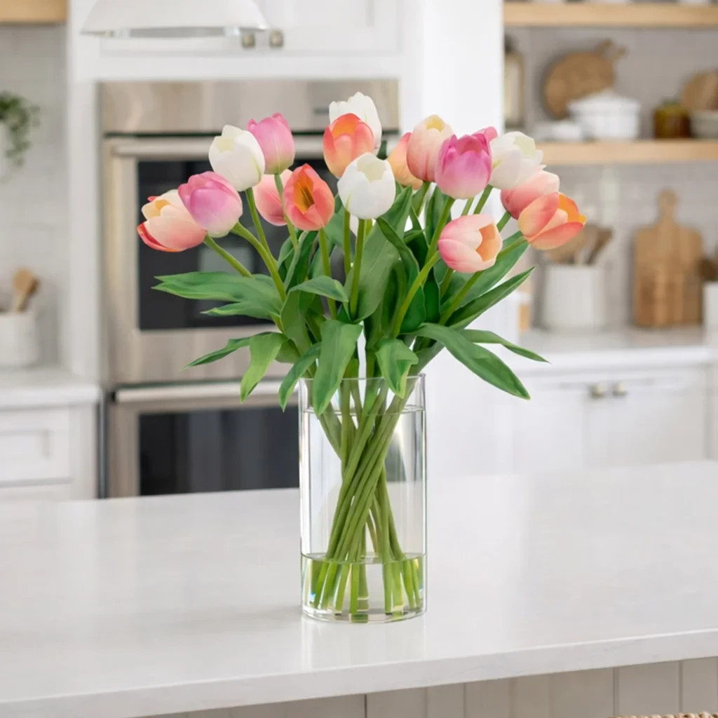 Faux 20″ Tulip Arrangement Lifelike Glass Vase Water Illusion Real Touch Petals