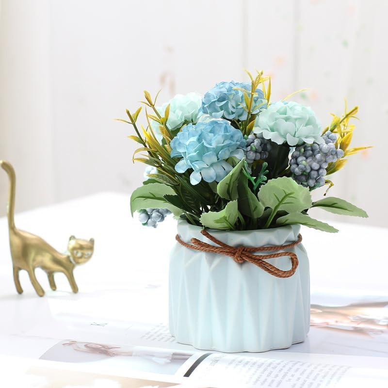 Fake Hydrangeas with Pot, Mini Hydrangea Artificial Flowers Artificial Plant in