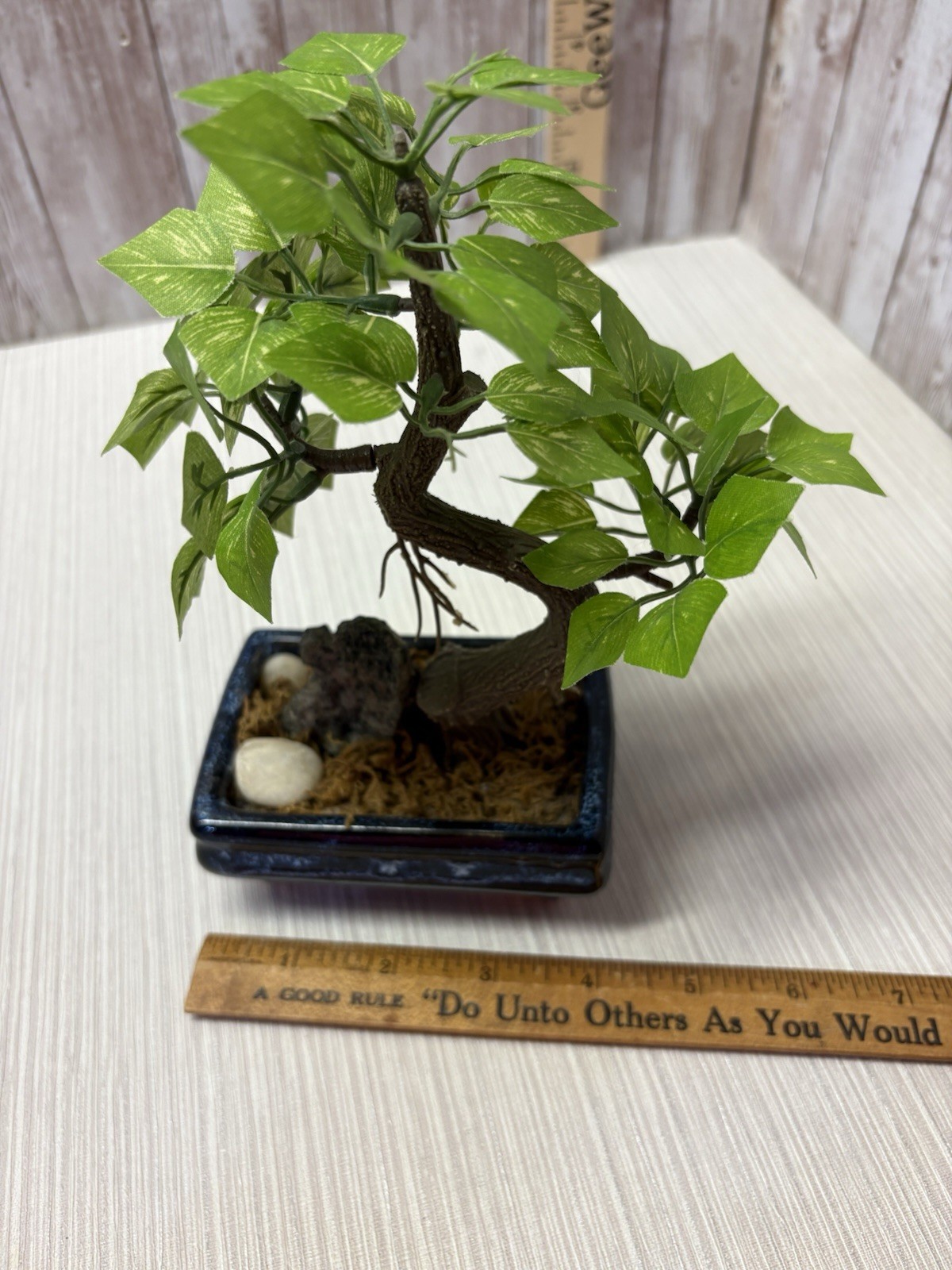 Artificial Bonsai Tree 8” Faux Plant In Vintage Blue 4×3 Pot FREE SHIPPING
