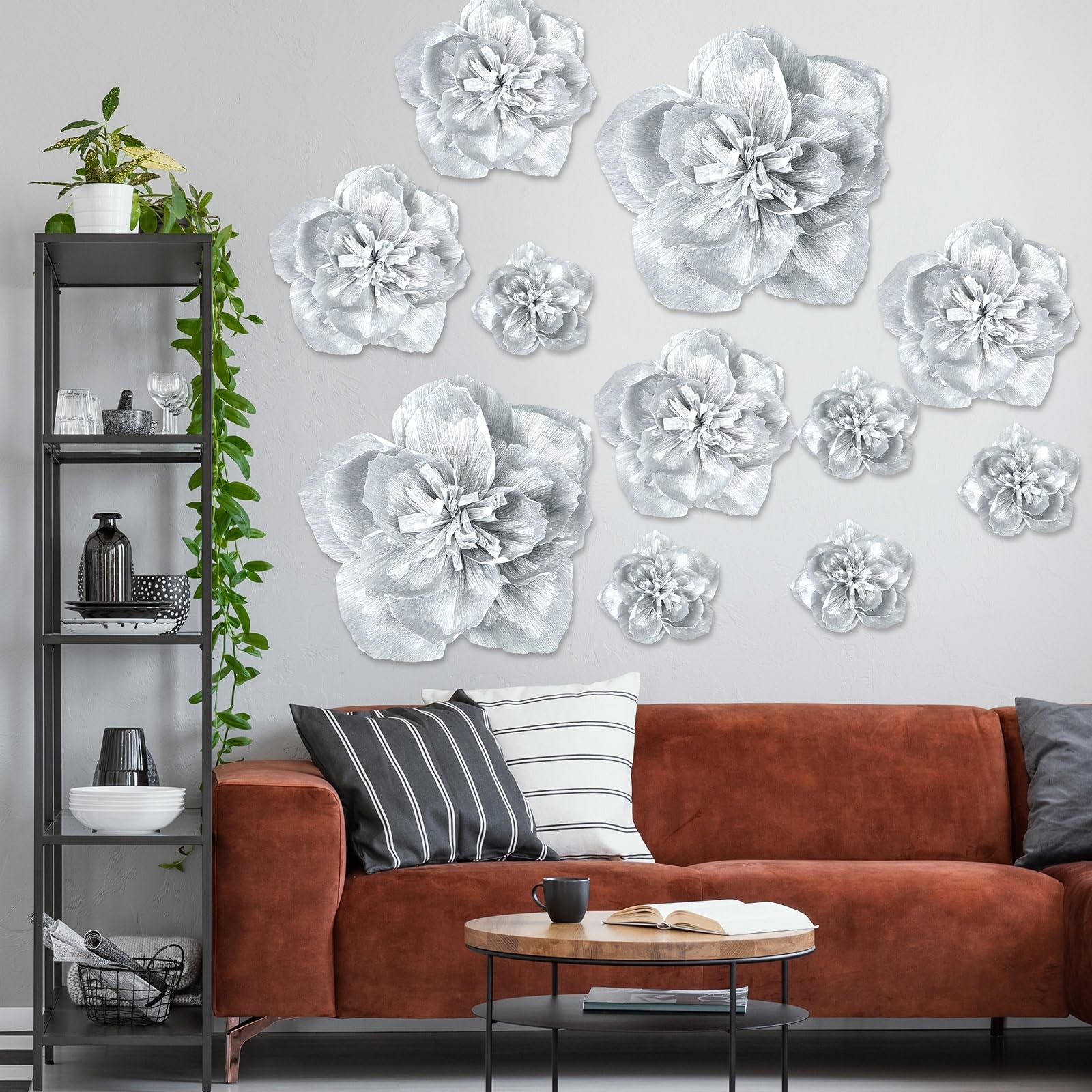 Giant Artificial Paper Flowers Wall Backdrop Decoration Silver 12 PCS Set