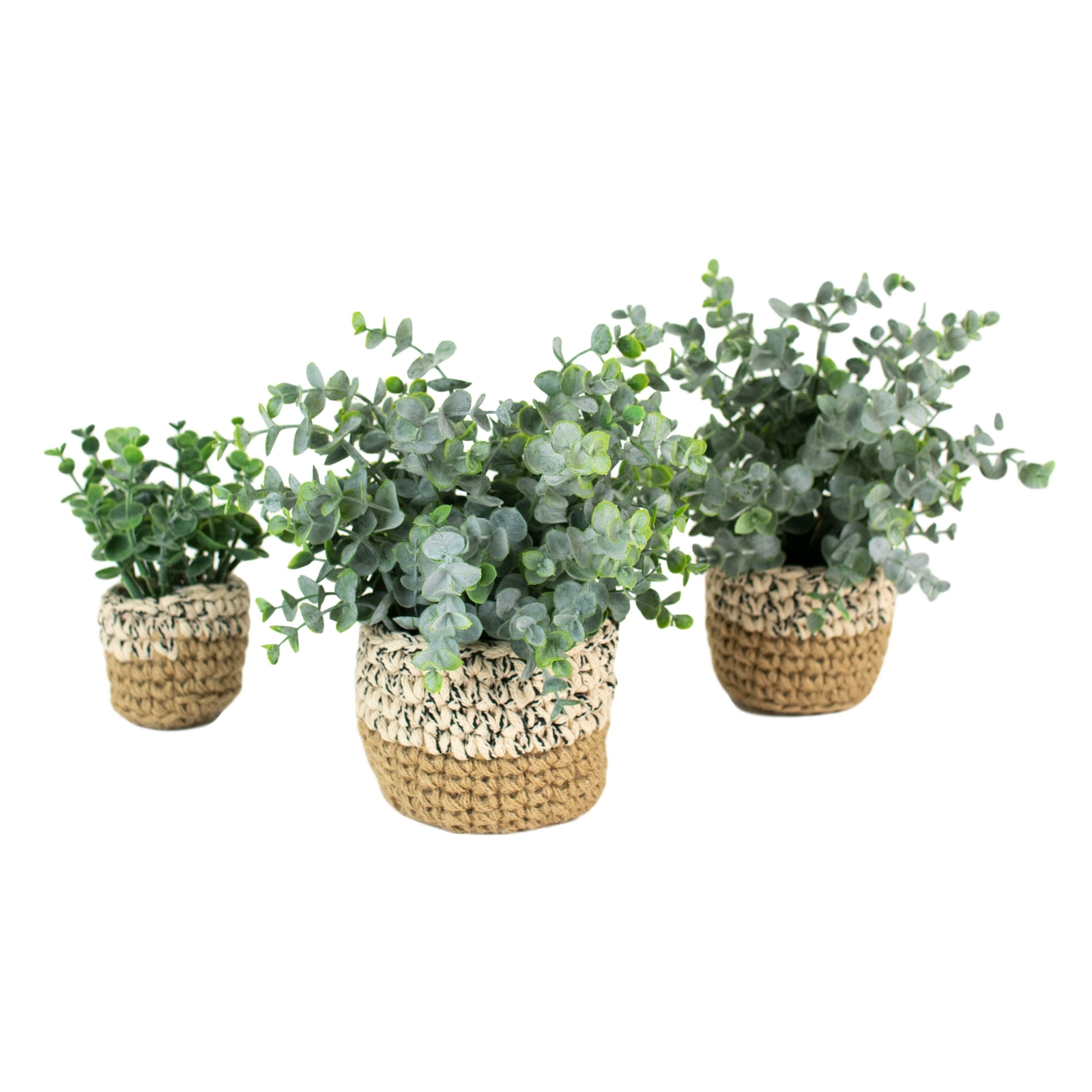 Set Three Faux Floral Eucalyptus Plants Round Woven Pots Permanent Greenery Pots