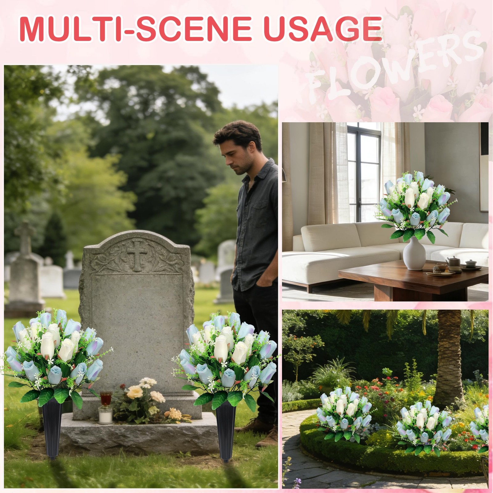 2 Sets Artificial Cemetery Flowers with Vase – Memorial Flowers Bouquet & Hea…