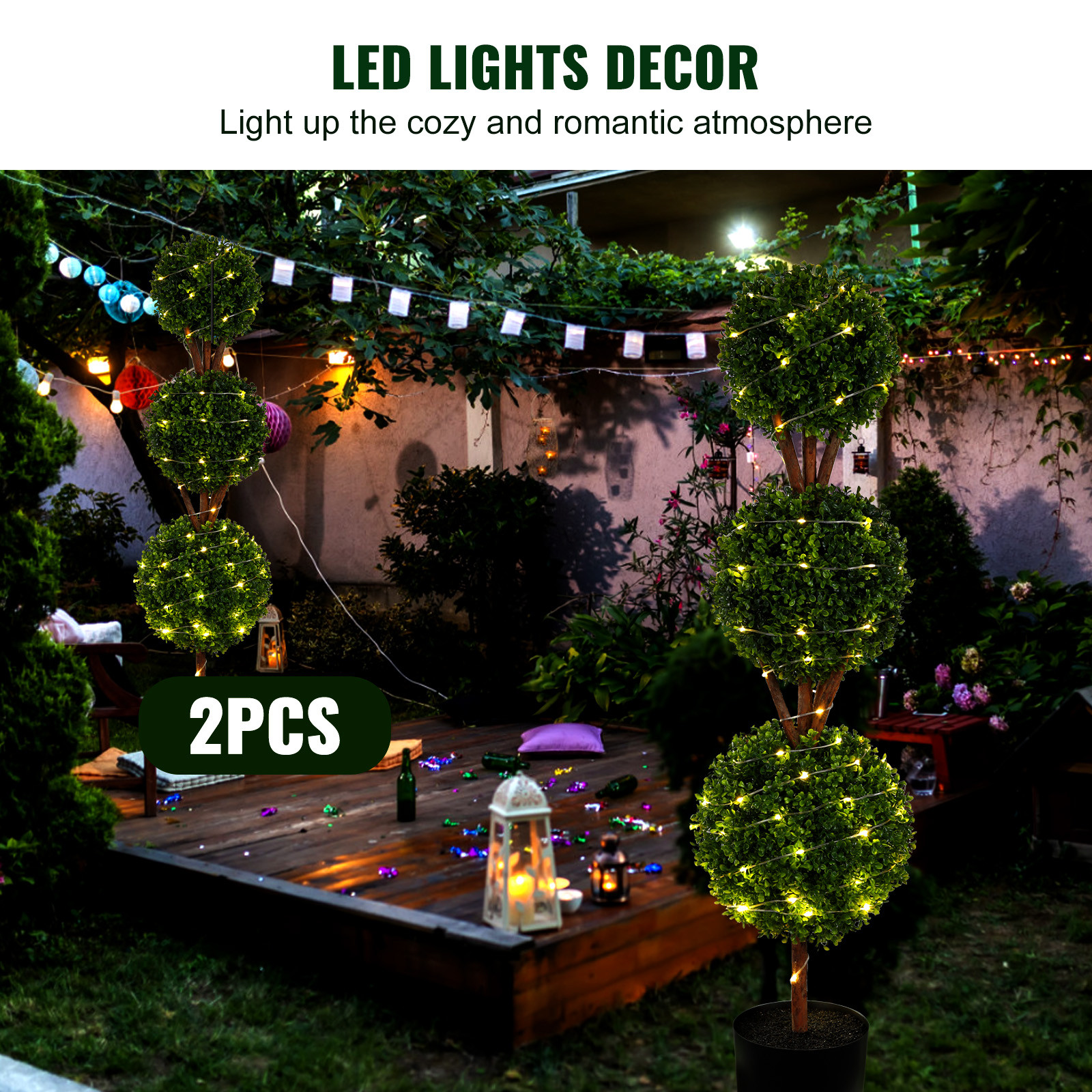 2 Pack 4′ Artificial Topiary Triple Ball Tree Faux Plant UV LED Decor In/Outdoor