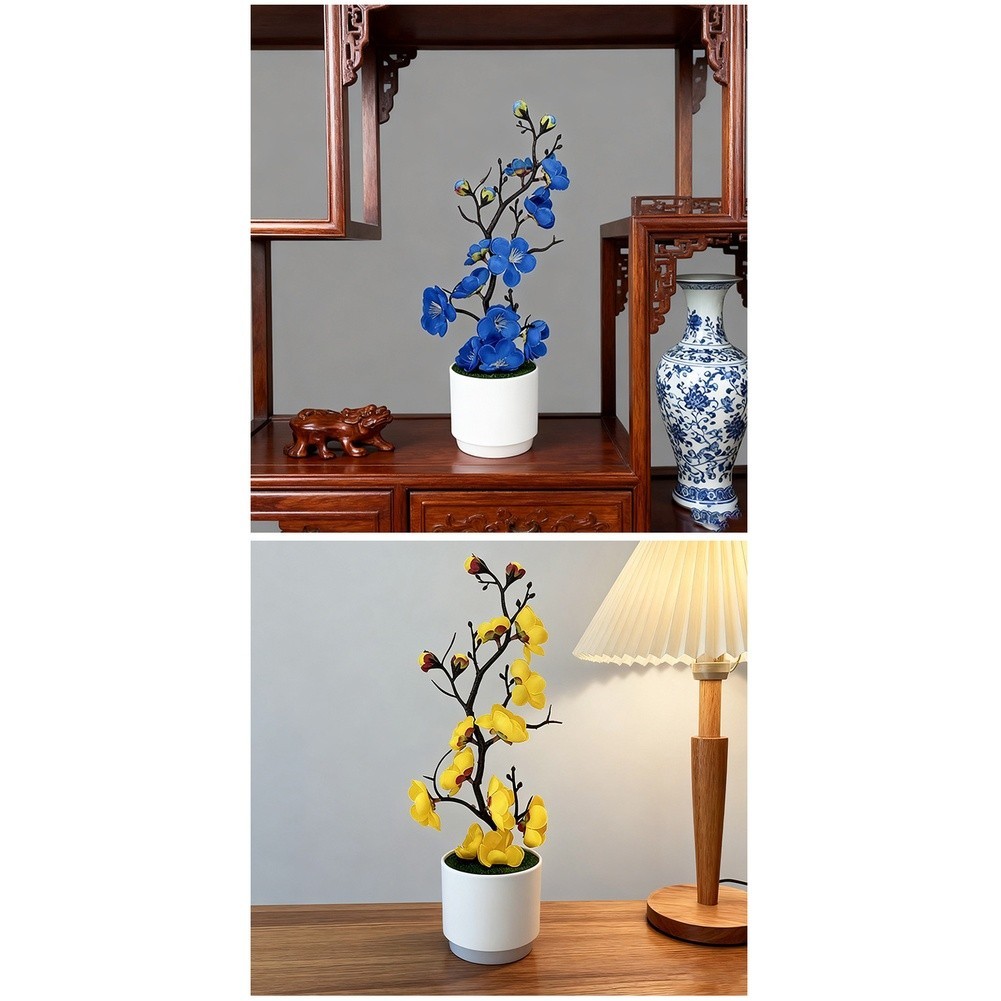 Plastic Potted Artificial Flower Bonsai with Natural-Looking Plum Blossom