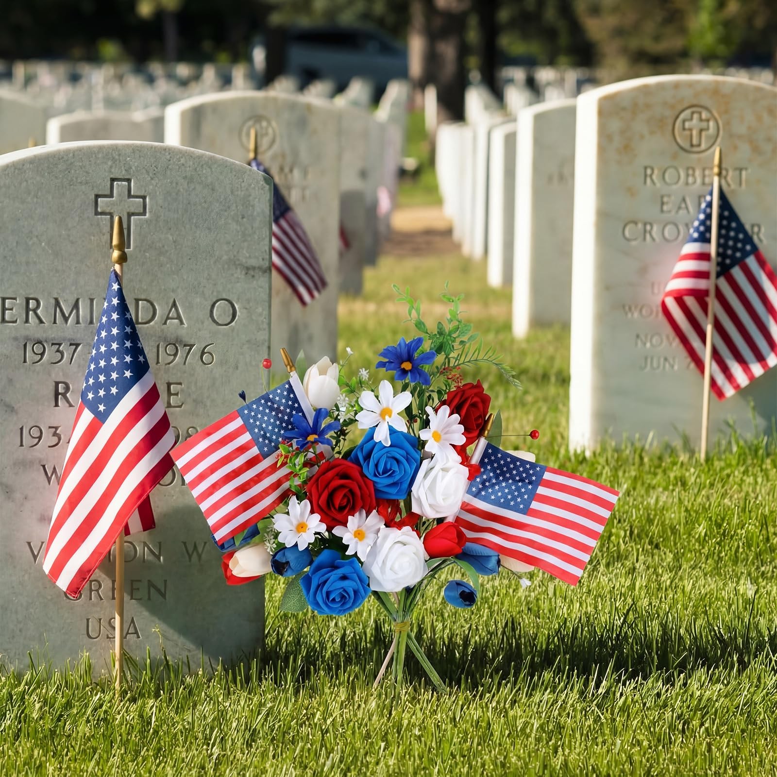 4 Bundles Memorial Day Flowers For Cemetery Artificial Grave Bouquet Flags