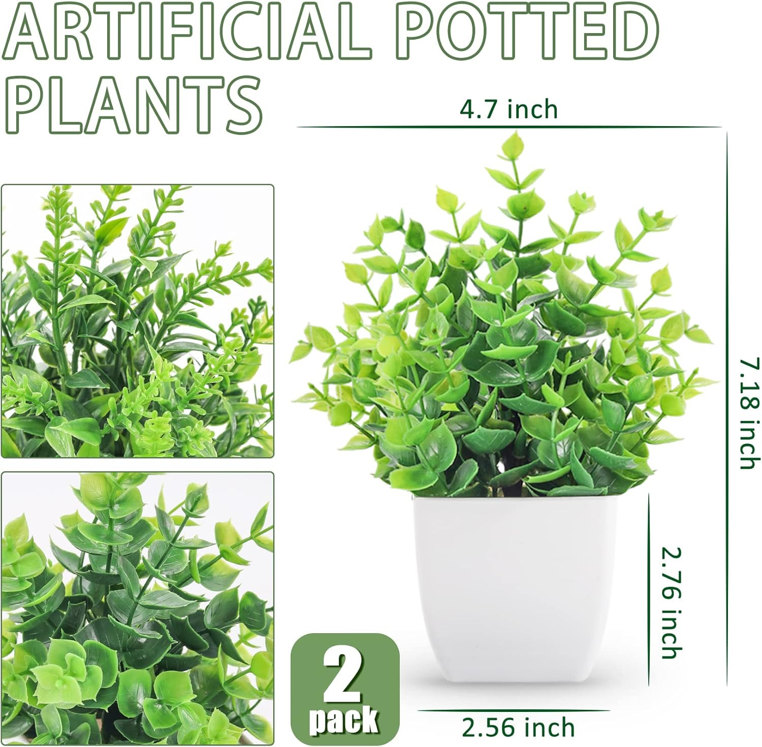 2 Pack Small Fake Plants Artificial Greenery Plants in Pots for Home Bedroom Bat