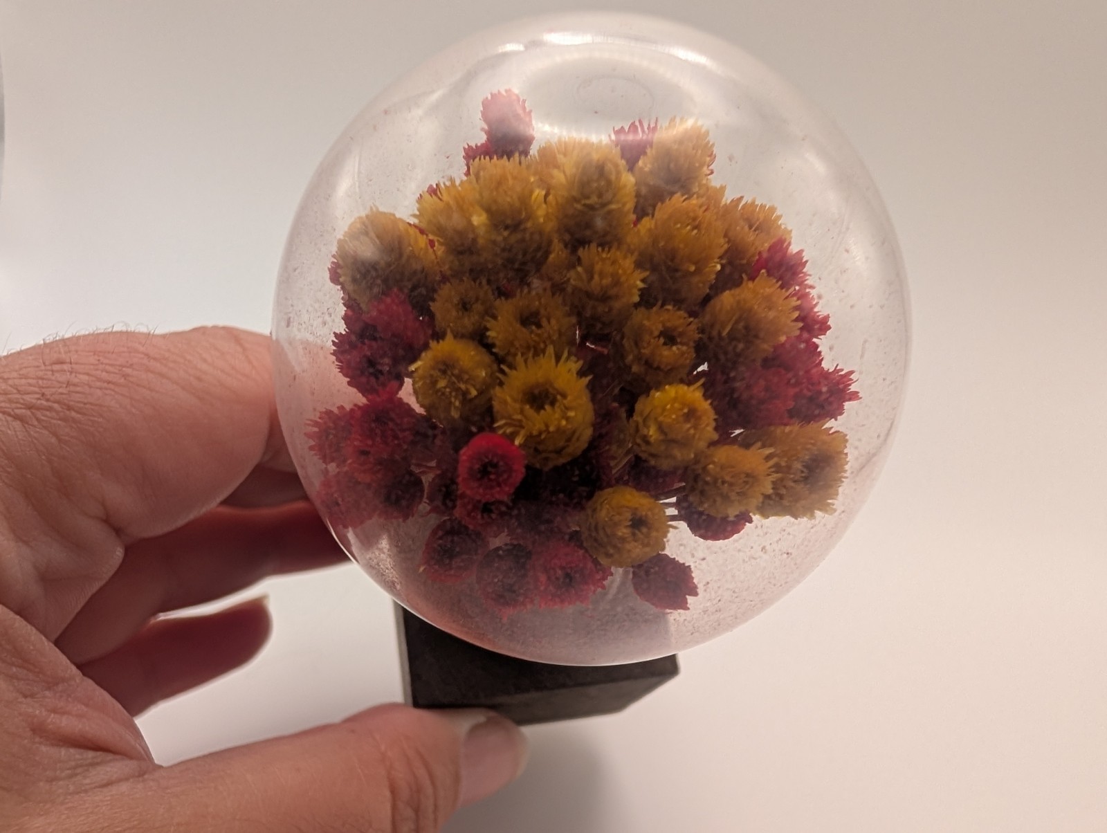 Vtg Dried Flowers Glass Wood 1970s Cottage Core Fairy Farm Country Paperweight