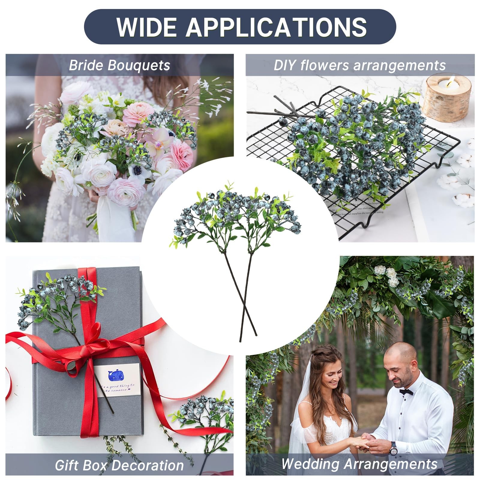Artificial Blueberry with Stems, 4 Pcs Faux Blueberries Fake Berries with For…