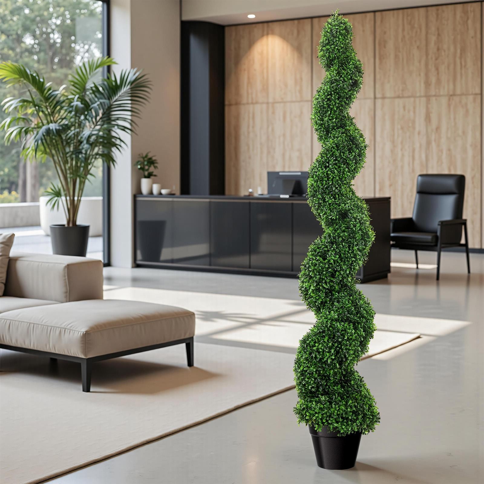 2PCS 5FT Artificial Boxwood Spiral Topiary Trees Rust-Resistant Faux Green Plan