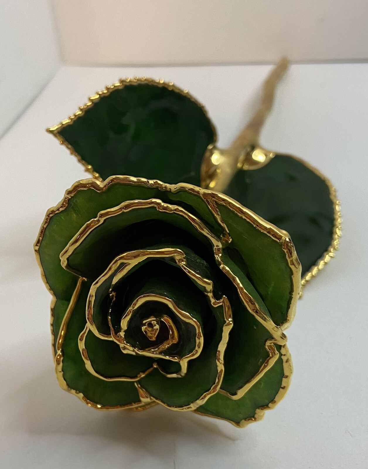 11″ EMERALD GREEN, GOLD DIPPED ROSE, ENAMELED AND DIPPED. LONG STEM ROSE. VGC
