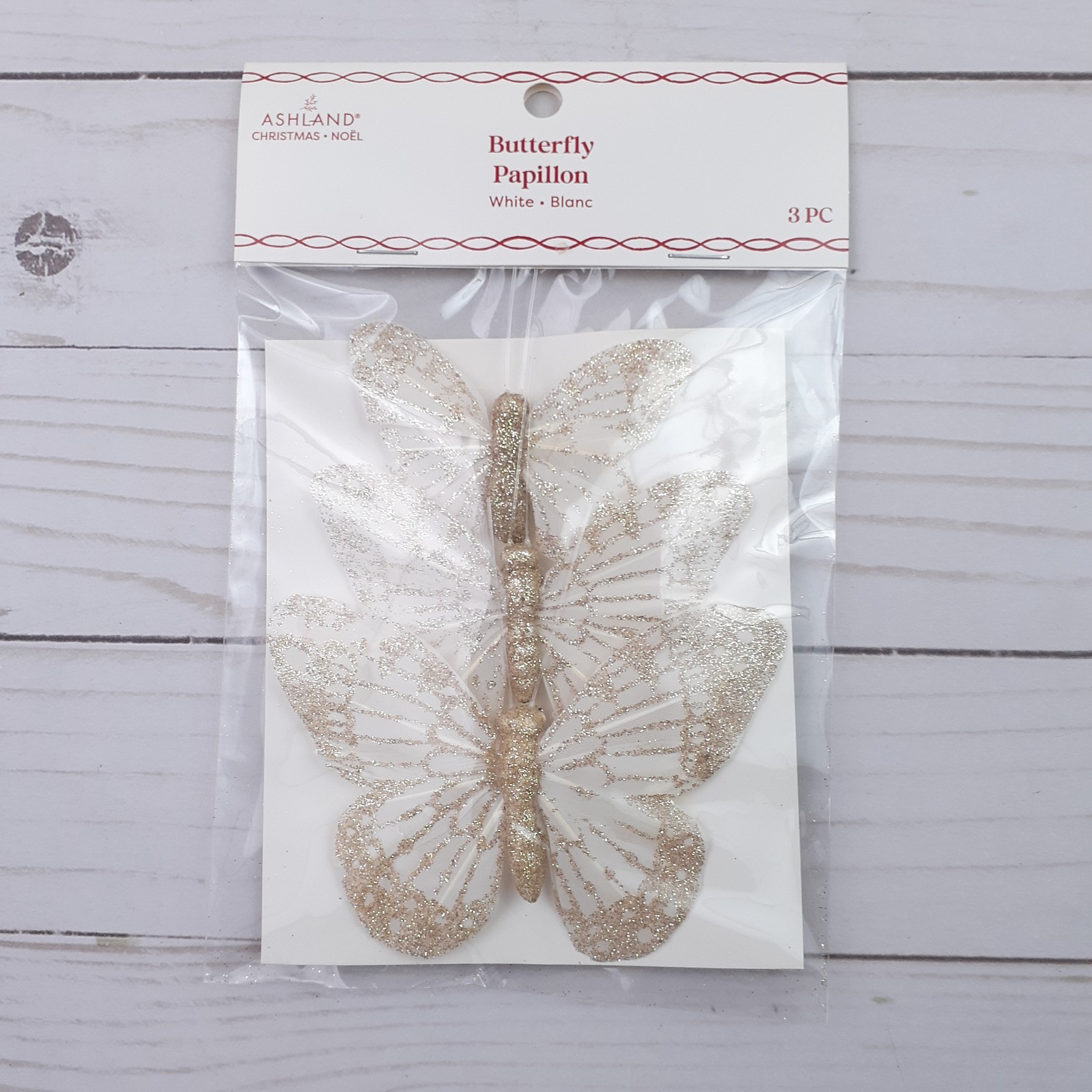 Feather Butterfly Floral Wreath Bouquet Decor White Gold Glitter 3 pc