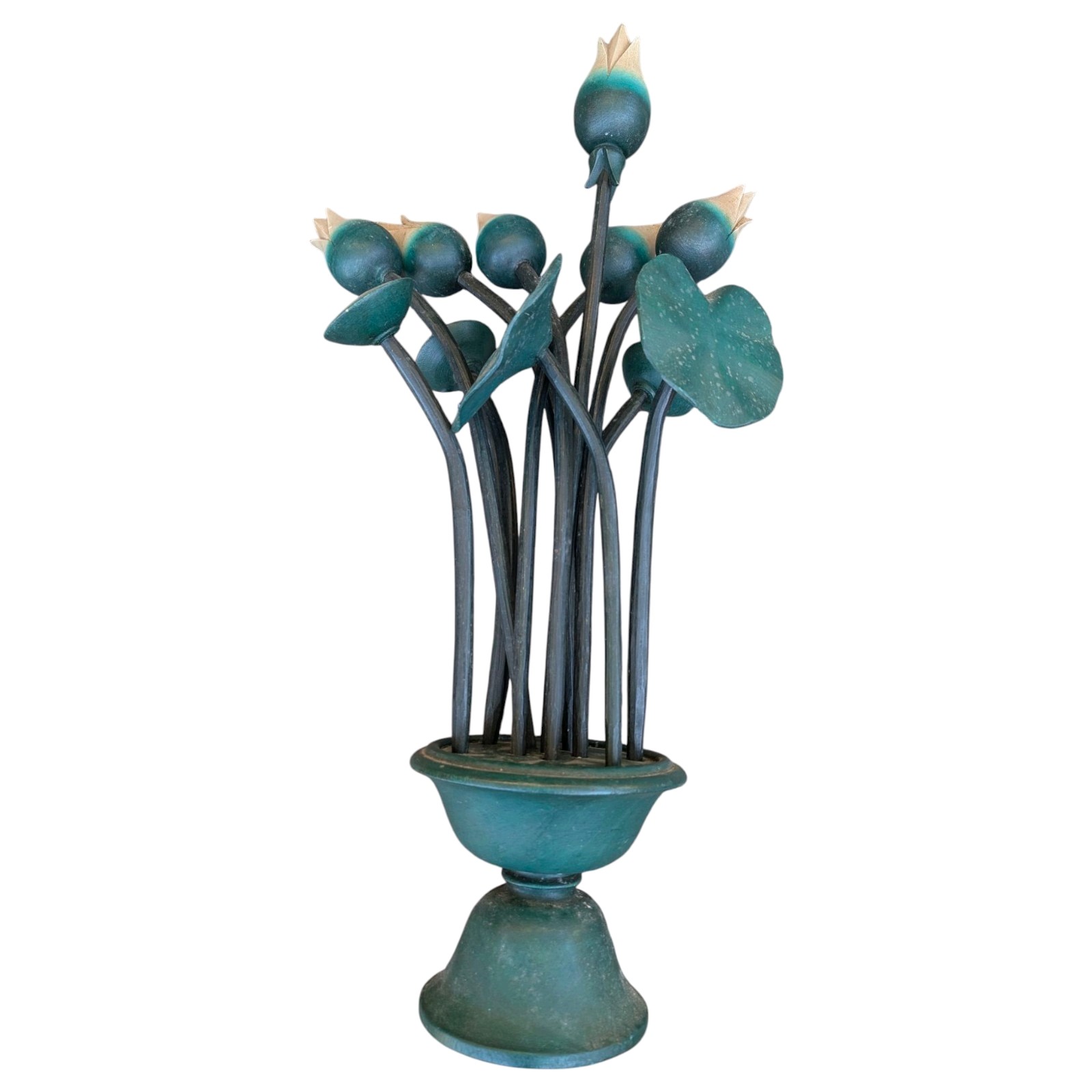 Vintage Mid Century Green Hand Carved Wooden Tulip On A Wooden Flower Frog Base