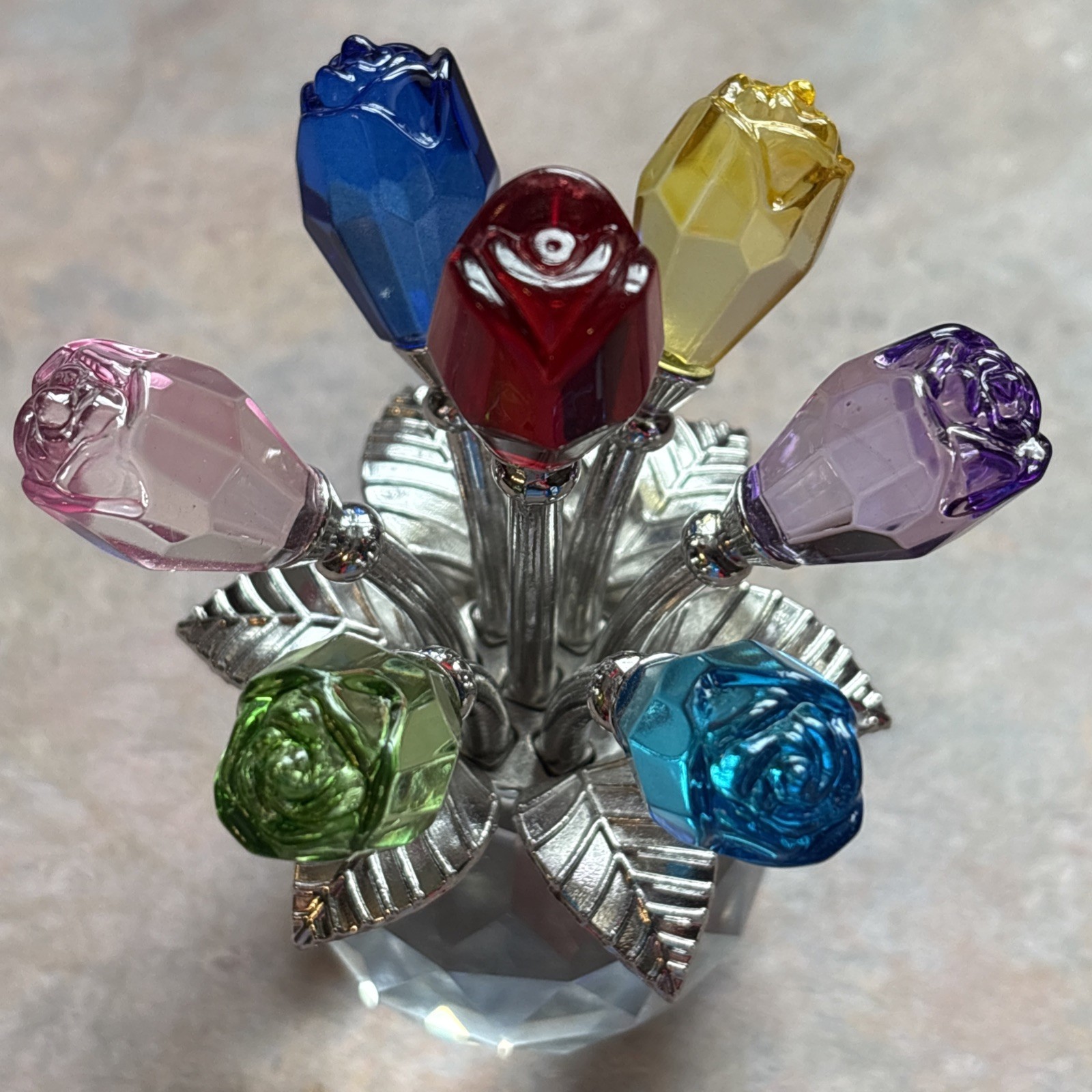 Colorful Rose Flower Crystal Figurines with Vase, Bouquet Flowers Ornament