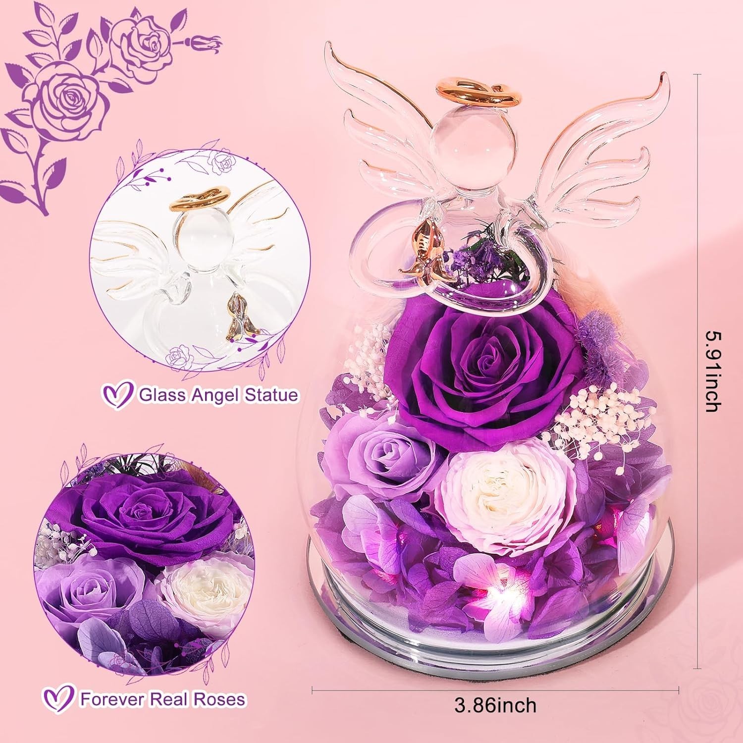 Gifts for Mom Women Birthday Preserved Rose in Glass Angel Figurine Forever F…