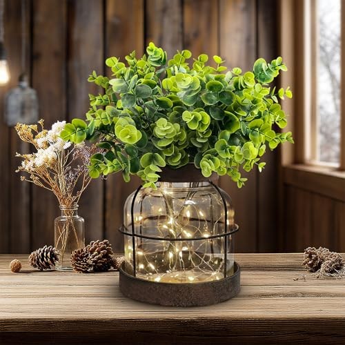 Rustic Farmhouse Glass Vases With Green Artificial Eucalyptus Plants Lights