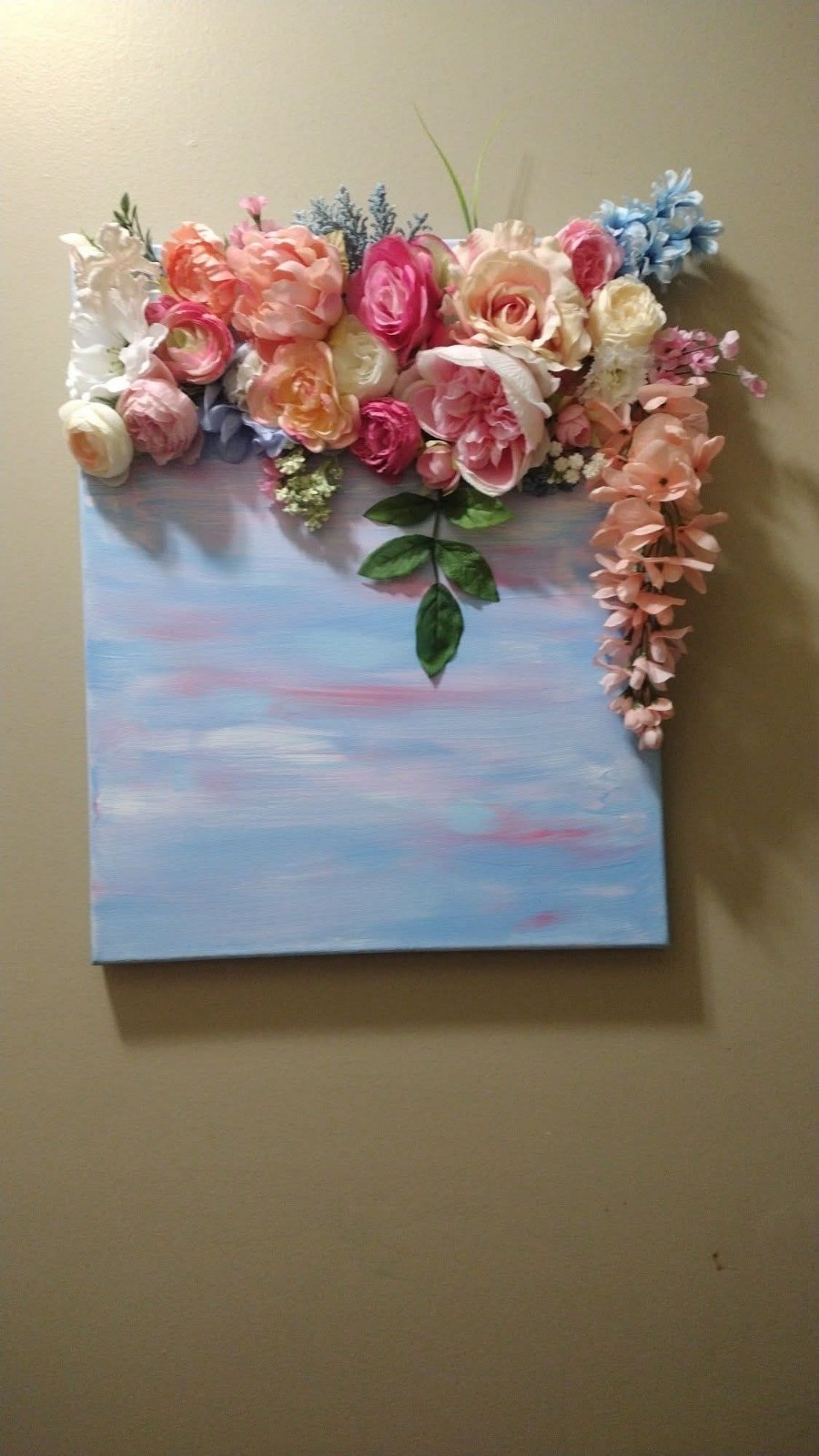 Handmade Floral Rose Wall Decor Canvas, Pink/White/Blue/Green