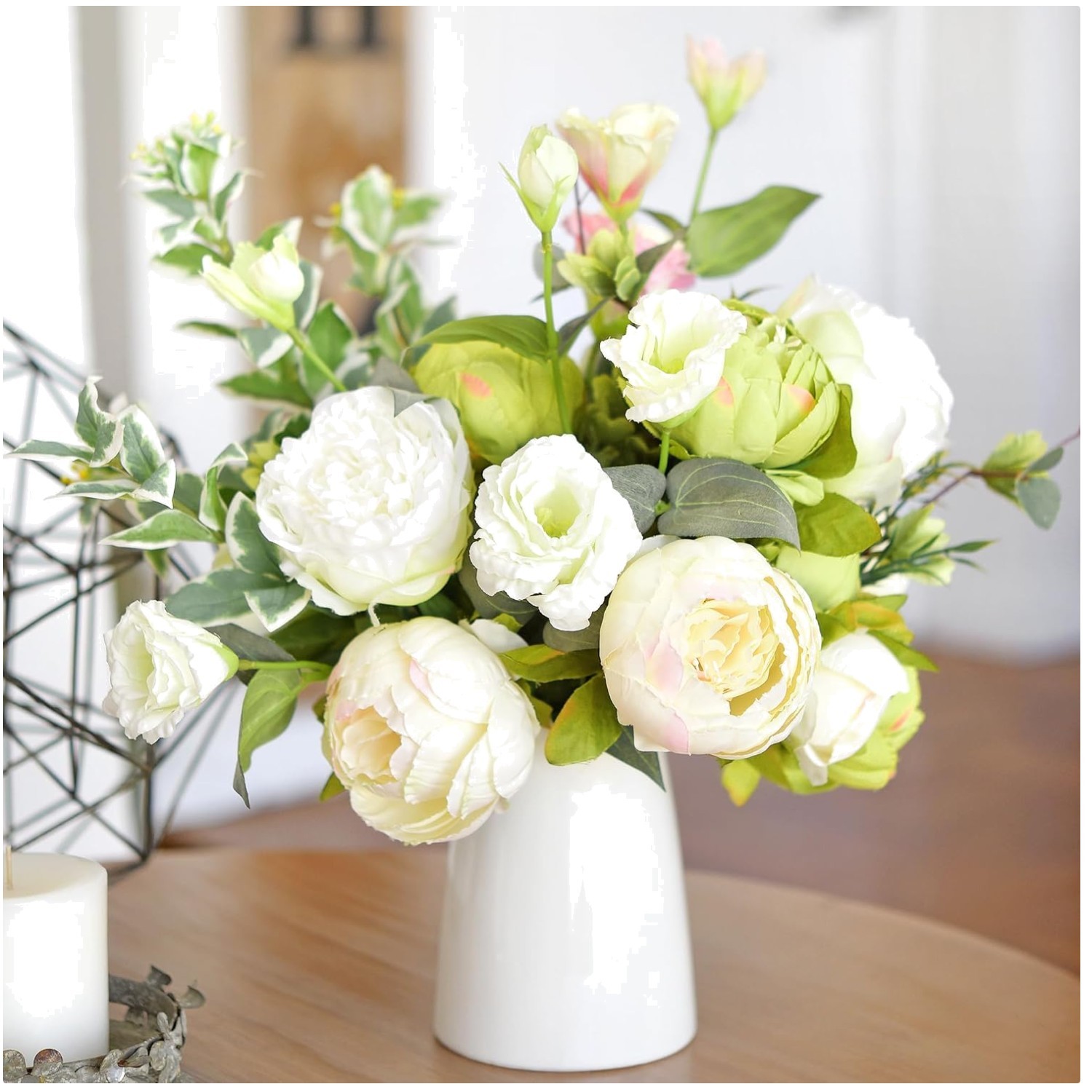 Lush Cream & Green Artificial Peonies