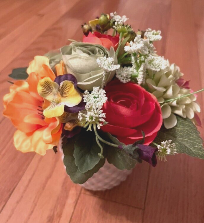 Artificial Floral in a ceramic planter, orange, yellow, green, new