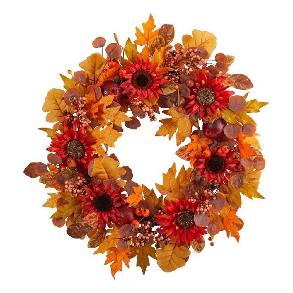 30″ Fall Acorn/Sunflower/Berries and Autumn Foliage Artificial Wreath in Orange