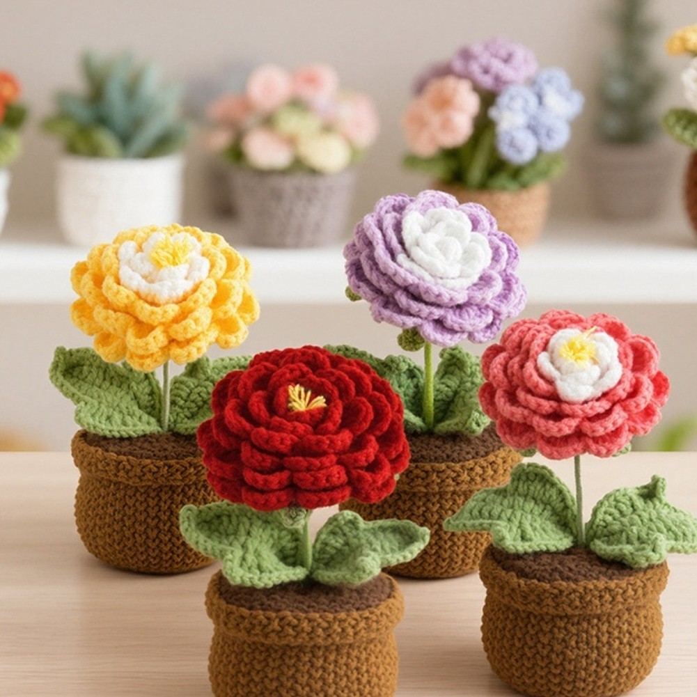 Crochet Peony Artificial Flower in Pot Handmade 17cm Milk Cotton Piece