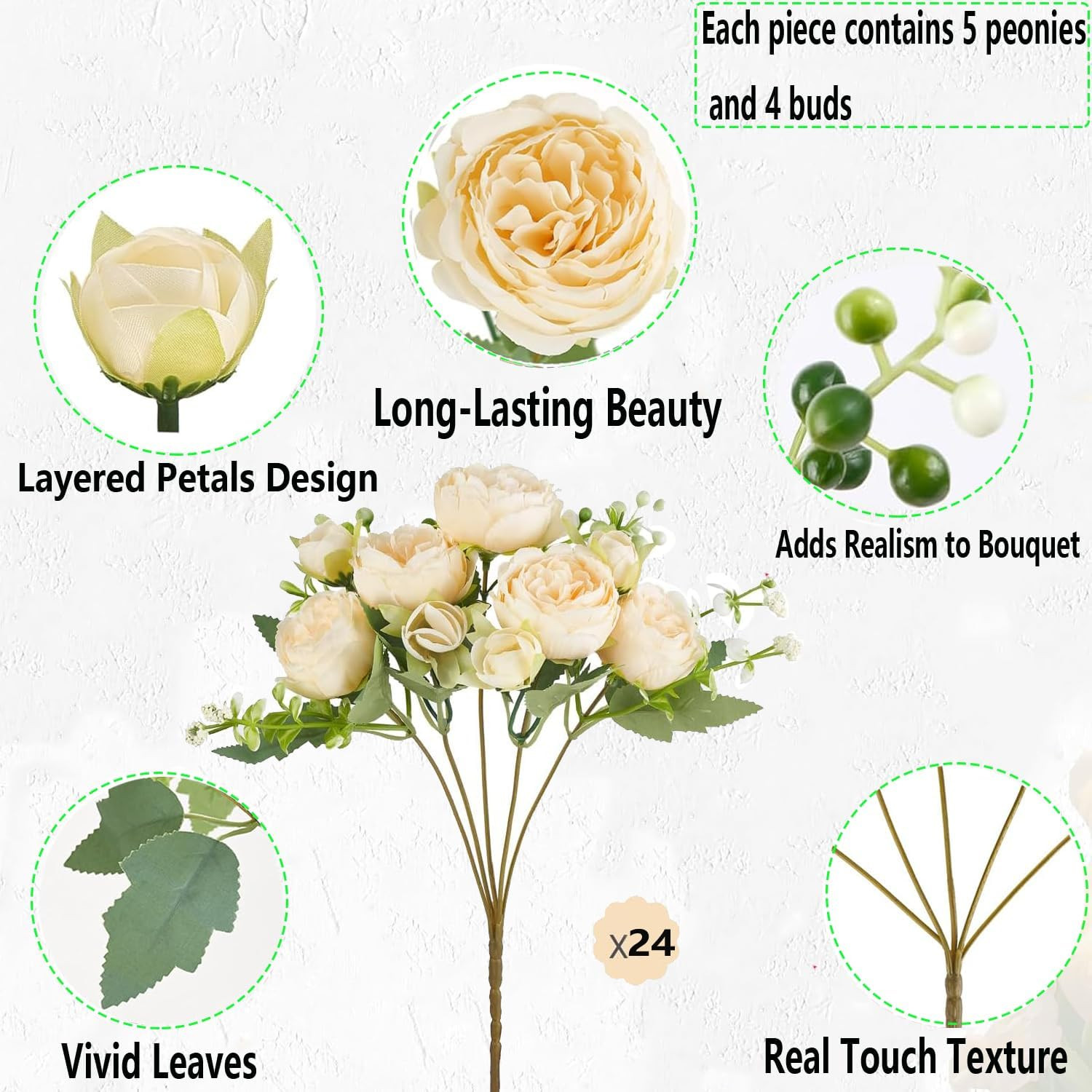 24 Bundles White Peonies Silk Flowers for Home, Weddings & DIY Arrangements