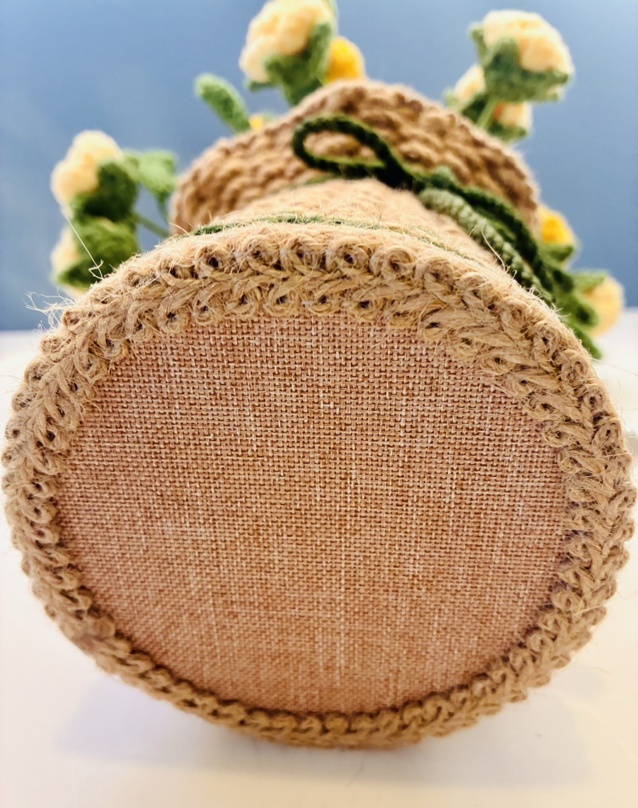 Hand Crocheted Yellow Rose Flowers in Hand Knitted Jute Basket 11”