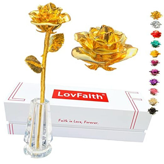 Real Rose Dipped 24K Gold, with Crystal Vase, B1. Deluxe Thick Gold -Blooming