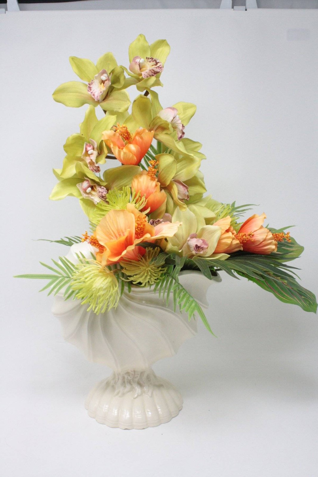 Artificial Tropical Floral Flower Arrangement Centerpiece Shell Vase Lime Green