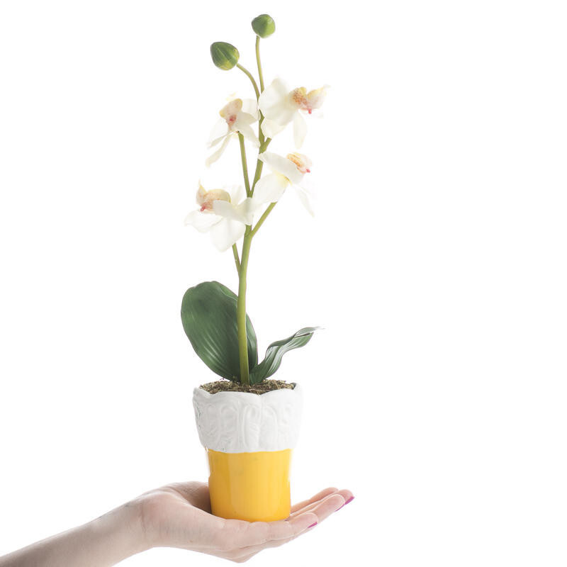 Bulk Case of 48 Cream Artificial 15″ Vanda Orchid in Yellow Planters