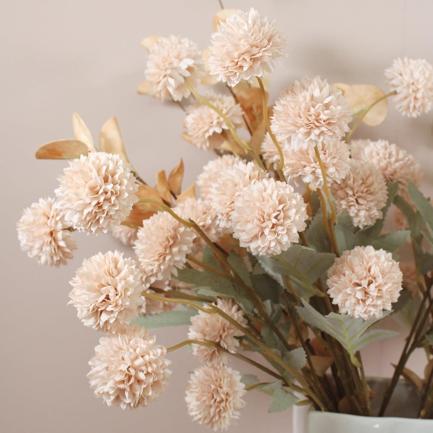 Beige Flowers Artificial + Eucalyptus, Fake Mums Long Stem Flowers, Tan Nude Cre