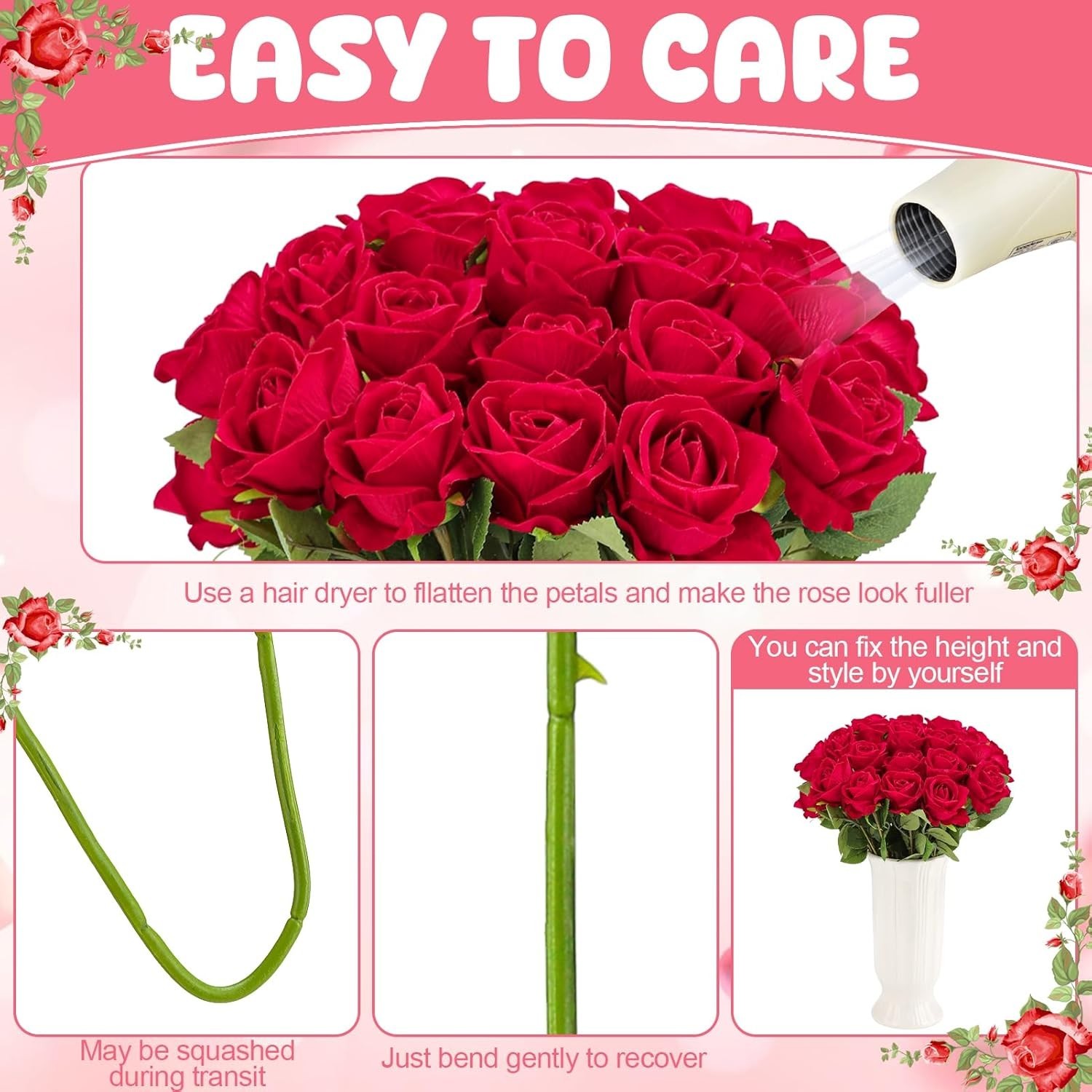Realistic Red Rose Bouquet 36 Pcs Velvet Silk Flowers for Event Centerpieces
