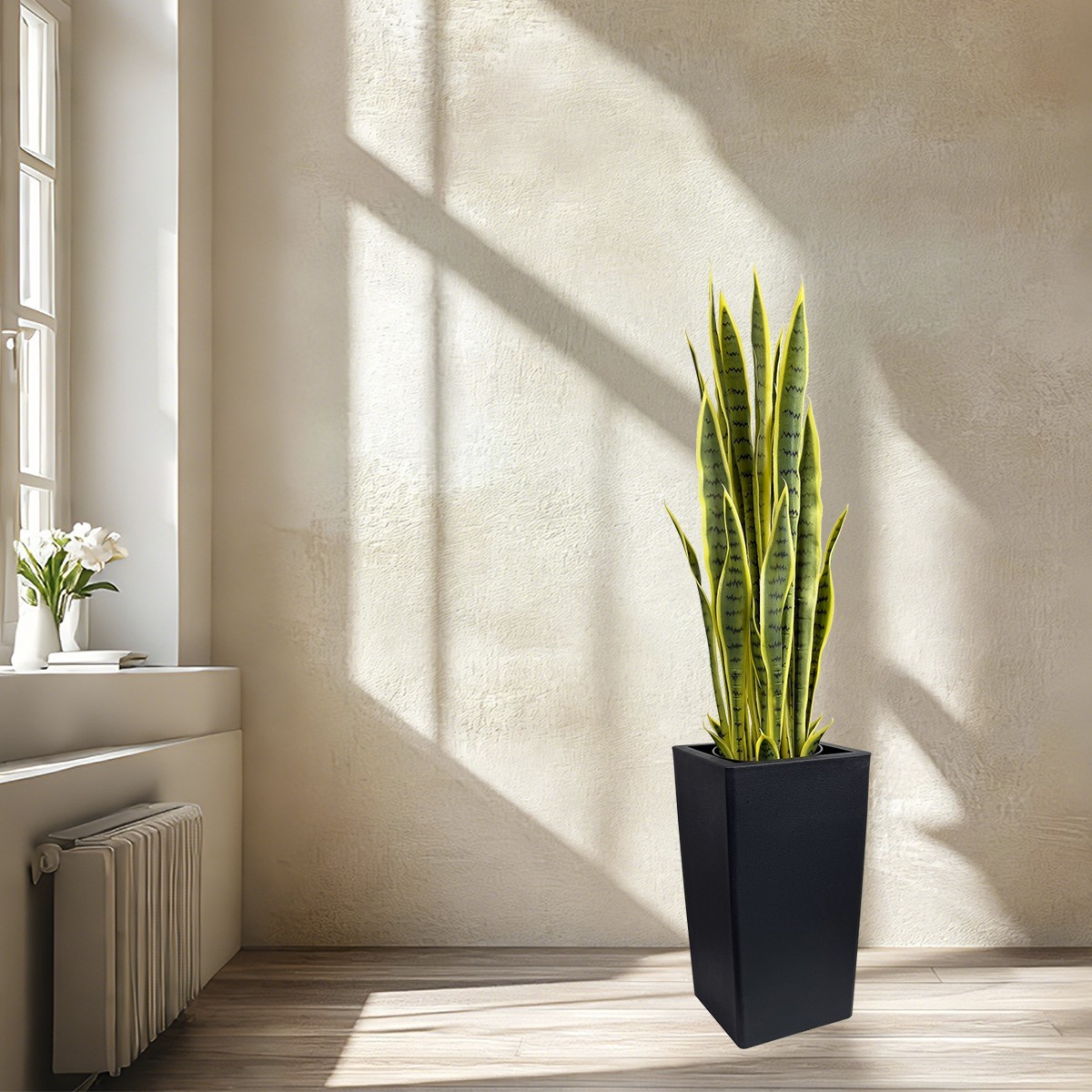 Artificial Snake Plant with Black Planter, Faux Sansevieria Floor Plant Decor
