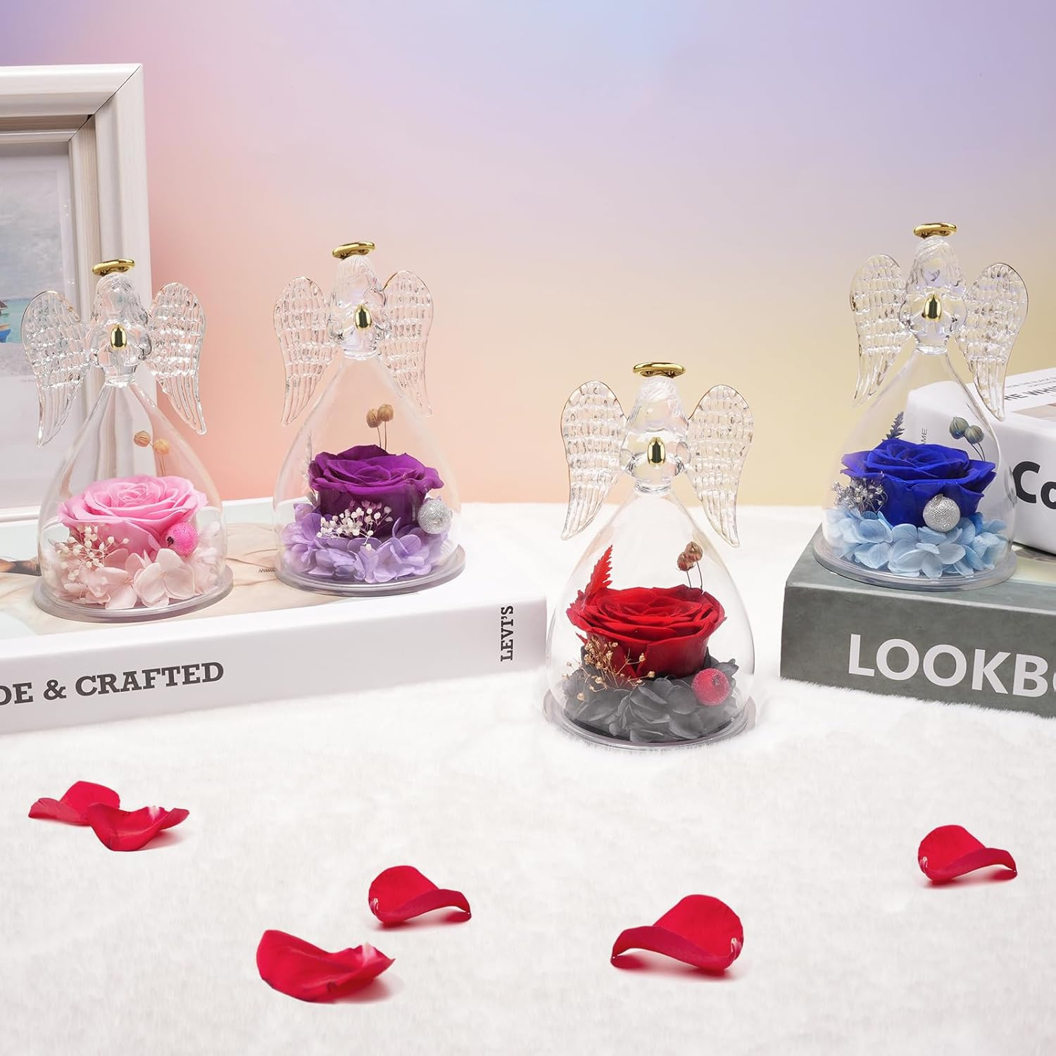 Preserved Flower Rose Birthday Gifts for Mom, Angel Figurines with Forever Real