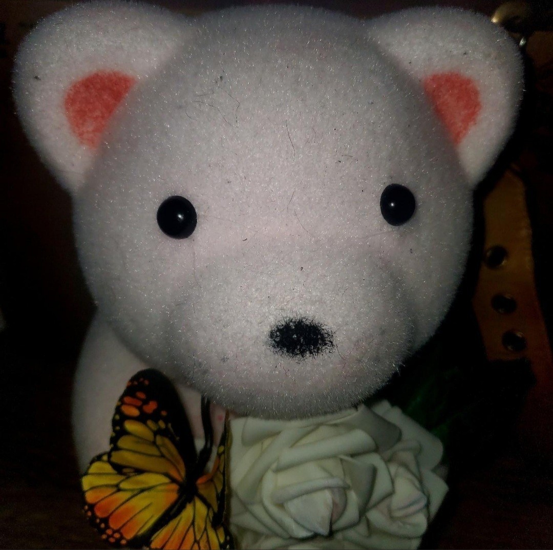 Handmade Foam Floral Bear Decor with White Rose Arrangement and Butterfly