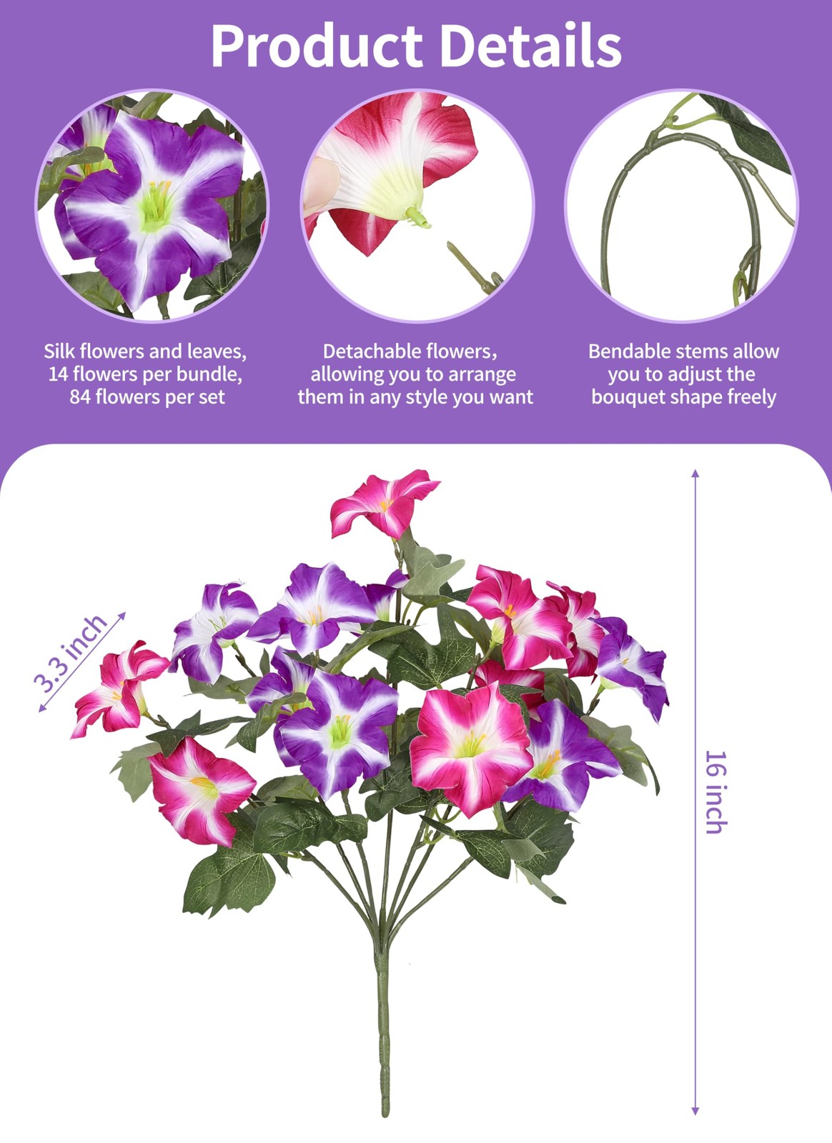 6 Bundles Pink Purple Flowers Artificial Petunias, Large Headed Faux Petunias…