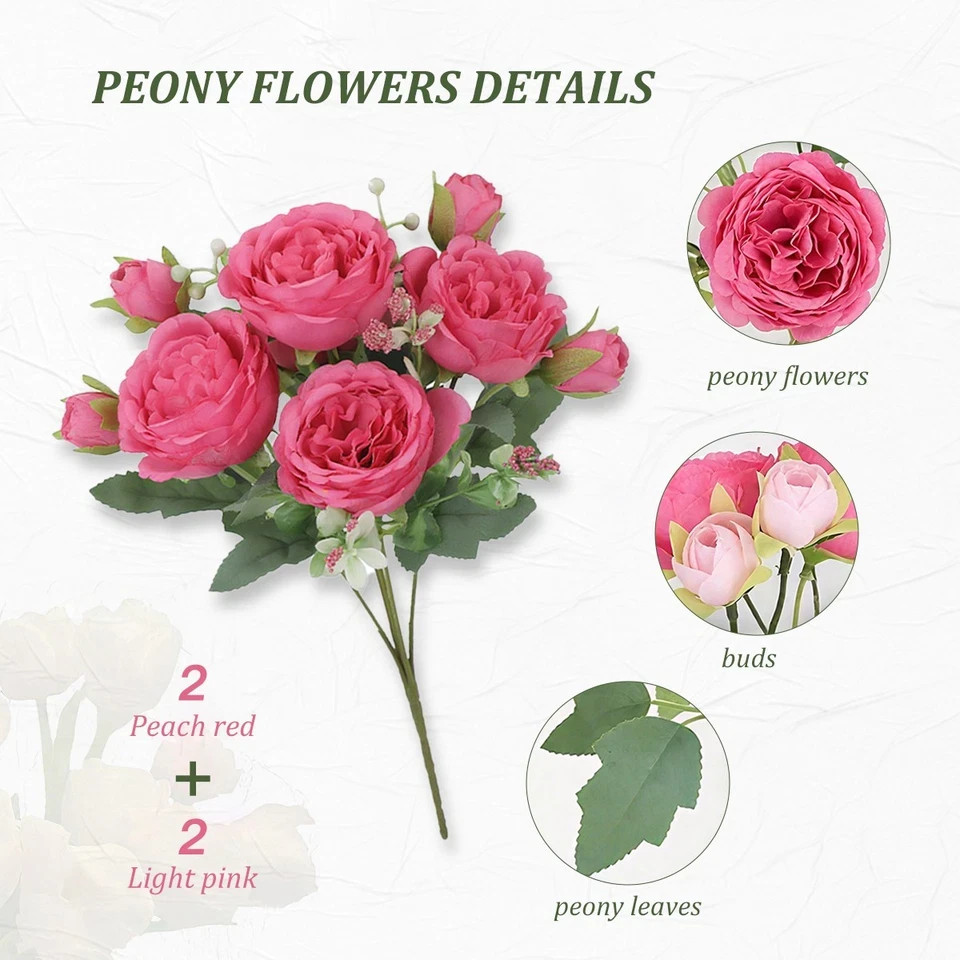 4 Bundles 36 Heads Rose Peony Fake Artificial Flowers Bouquet For Wedding Decor