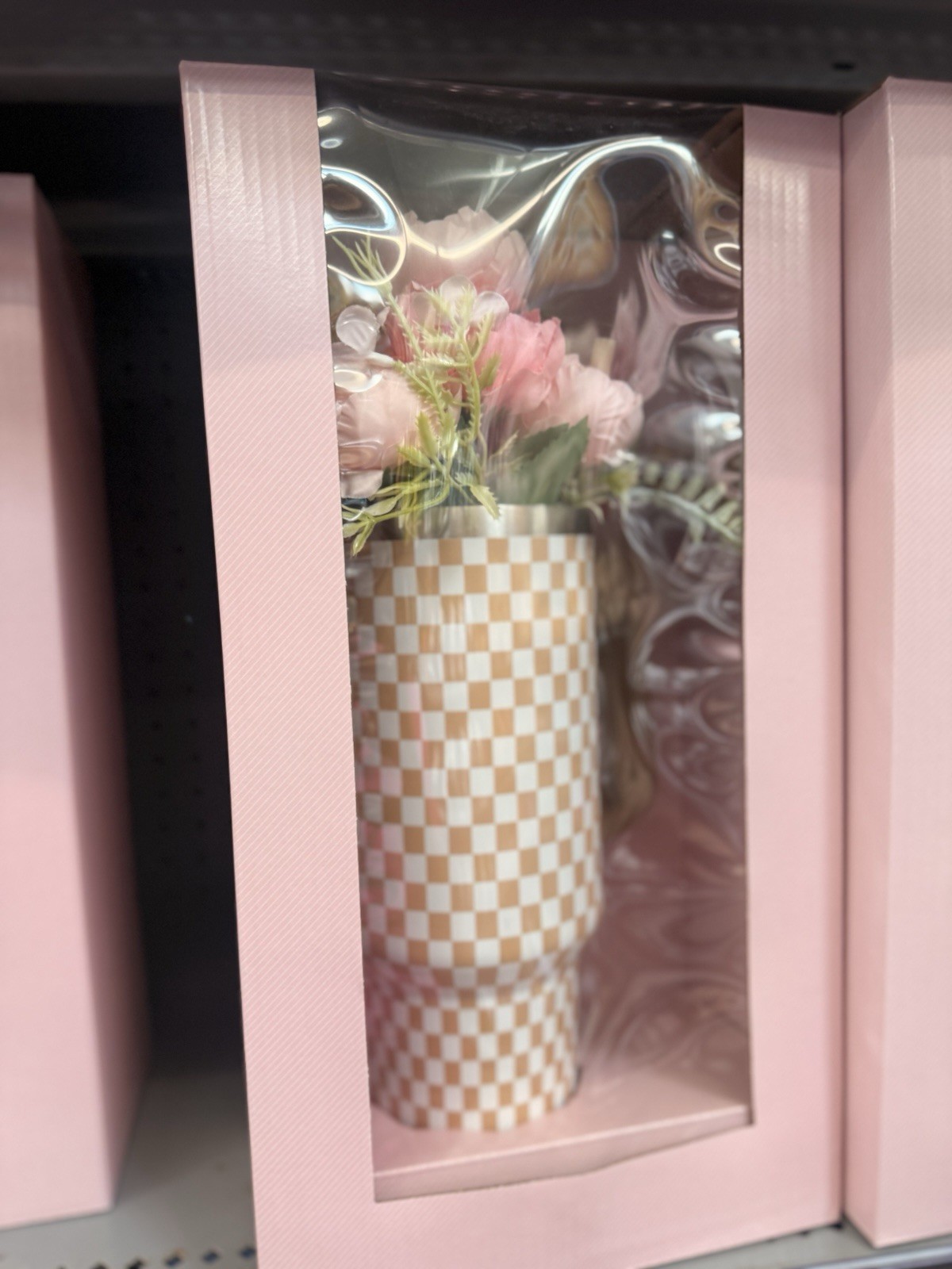 Artificial Pink White Green Flower Arrangement in Checkered Vase Centerpiece