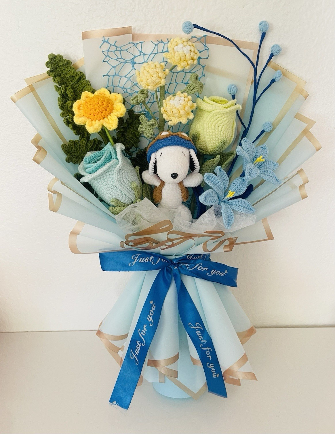 Artificial Crochet Sunflower Flower Bouquet, Blue Wrap & Ribbon, 20 in