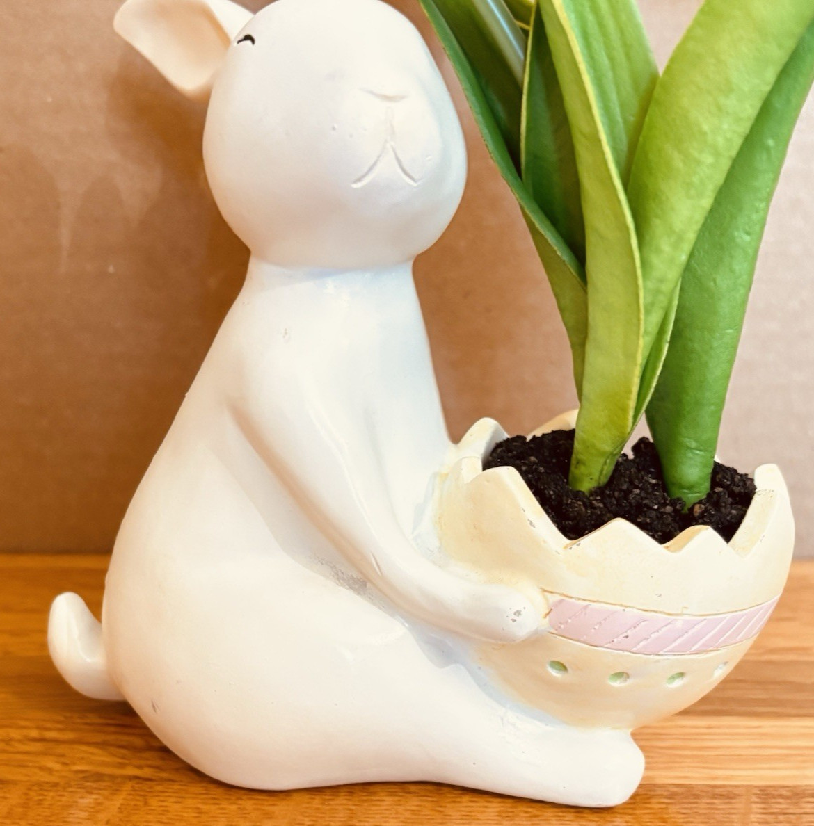 Easter Bunny Ceramic Planter Pink Tulips Spring Decor Table Centerpiece