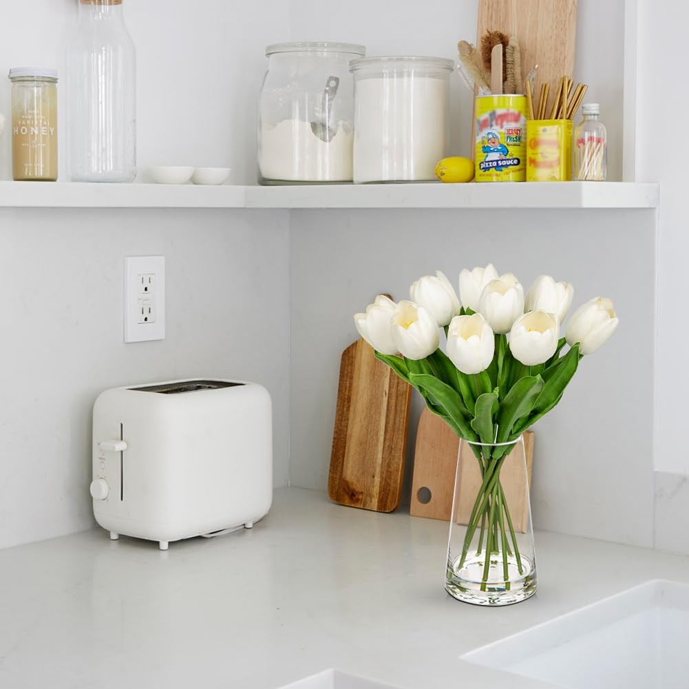 Fake Tulips Artificial Tulip Flowers in Glass Vase with Faux Water, 14.2″ Rea…